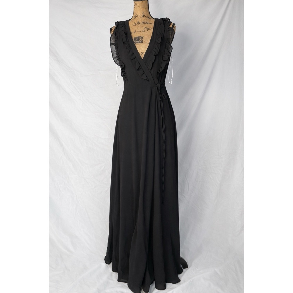 Lulus Black Maxi Dress Small Ruffle Wrap‎ Style Sheer Sleeves Elegant NWT